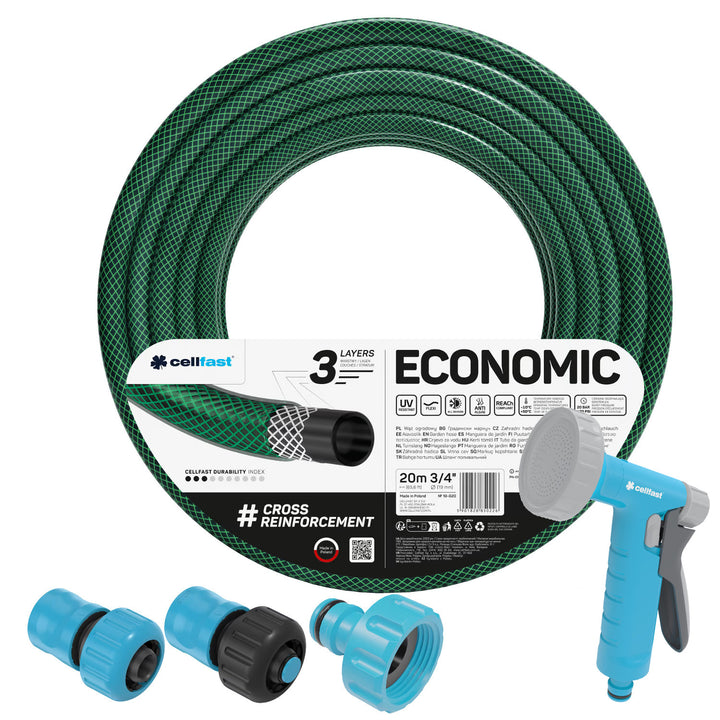 Zahradní hadice Cellfast Economic 3/4" 20 m + pistole na zalévání + přípojka s vnitřním závitem 3/4" + průchozí a uzavírací rychlospojka 3/4"