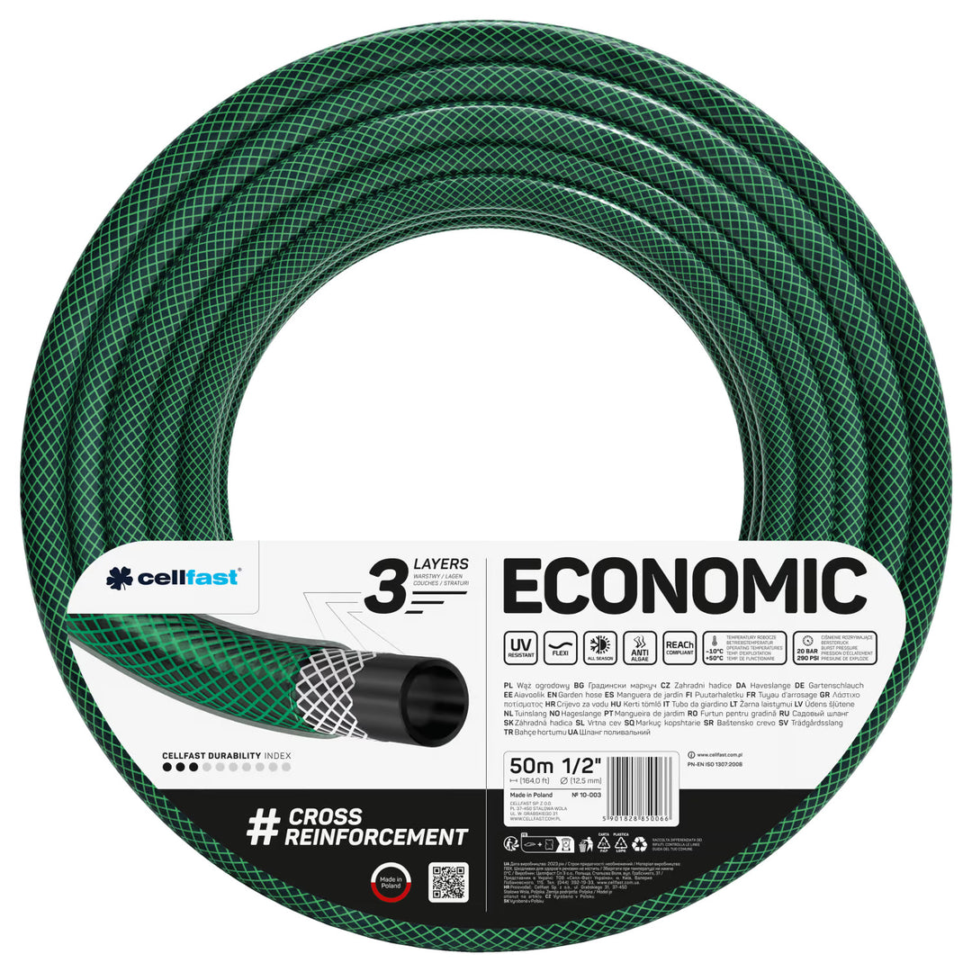 Zahradní hadice Economic 1/2" 50 m + stojan, přípojka s vnitřním závitem 3/4", připojení s vnějším závitem 1/2", průchozí a uzavírací rychlospojka 1/2" + 8funkční pistole Cellfast Mix Ideal