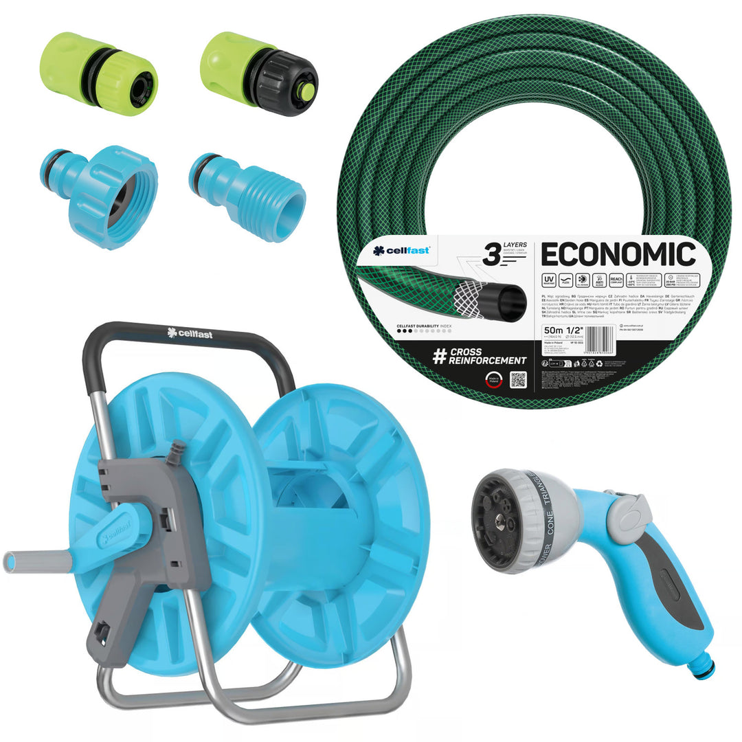 Zahradní hadice Economic 1/2" 50 m + stojan, přípojka s vnitřním závitem 3/4", připojení s vnějším závitem 1/2", průchozí a uzavírací rychlospojka 1/2" + 8funkční pistole Cellfast Mix Ideal