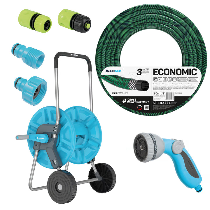 Zahradní hadice Economic 1/2" 50 m + vozík, přípojka s vnitřním závitem 3/4", přípojka s vnějším závitem 1/2", průchozí a uzavírací rychlospojka 1/2" + 8funkční pistole Cellfast Mix Ideal