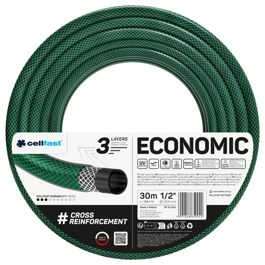 Zahradní hadice Cellfast Economic 1/2" 30 m + stojan, přípojka s vnitřním závitem 3/4", průchozí a uzavírací rychlospojka 1/2" + přímý rozstřikovač Cellfast Economic