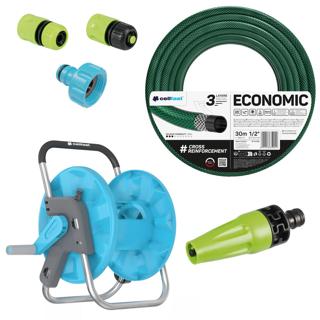 Zahradní hadice Cellfast Economic 1/2" 30 m + stojan, přípojka s vnitřním závitem 3/4", průchozí a uzavírací rychlospojka 1/2" + přímý rozstřikovač Cellfast Economic
