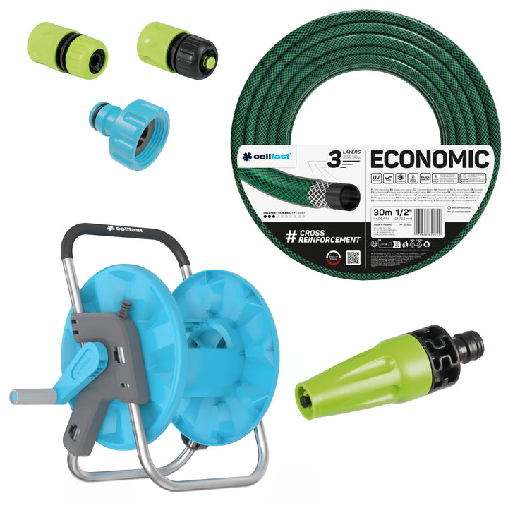 Zahradní hadice Cellfast Economic 1/2" 30 m + stojan, přípojka s vnitřním závitem 3/4", průchozí a uzavírací rychlospojka 1/2" + přímý rozstřikovač Cellfast Economic