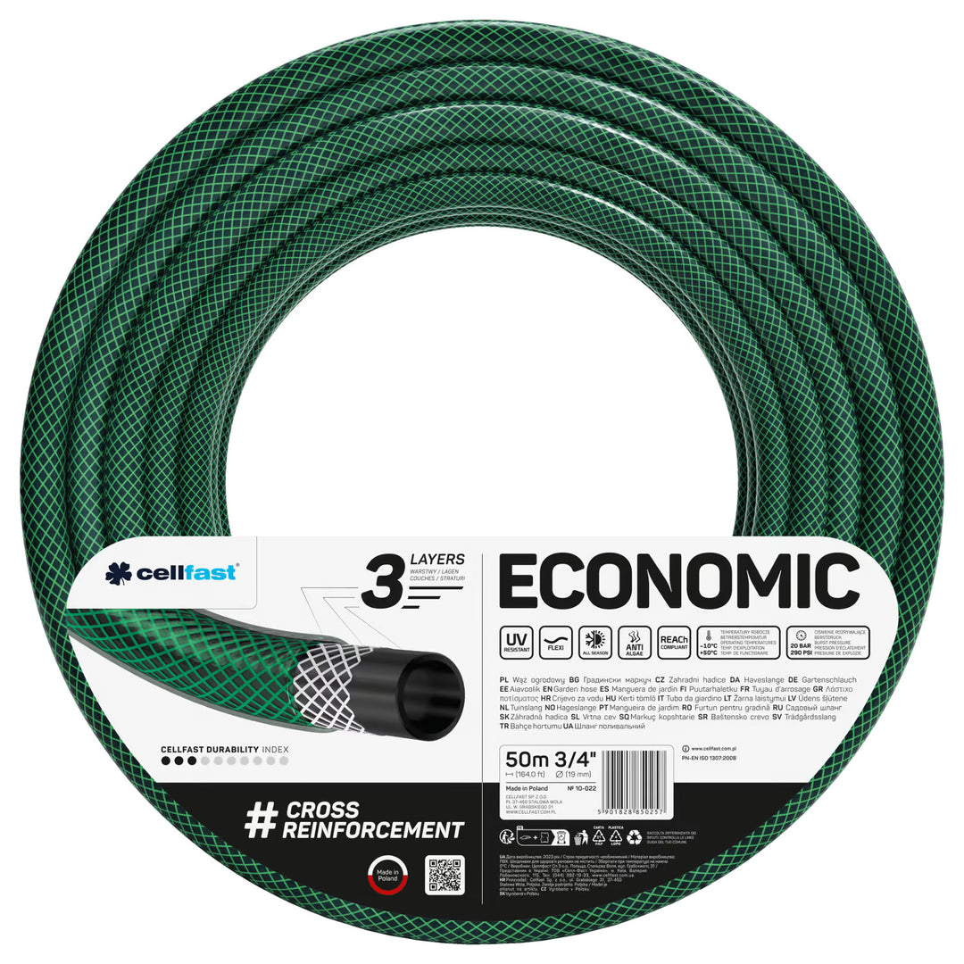 Zahradní hadice Cellfast Economic 3/4" 50 m + rychlospojka z mosazi a průchozí spojka 3/4" + přípojka s vnitřním závitem 3/4" + otočný rozstřikovač + pistolový rozstřikovač