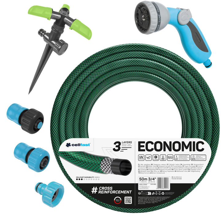 Zahradní hadice Cellfast Economic 3/4" 50 m + rychlospojka z mosazi a průchozí spojka 3/4" + přípojka s vnitřním závitem 3/4" + otočný rozstřikovač + pistolový rozstřikovač