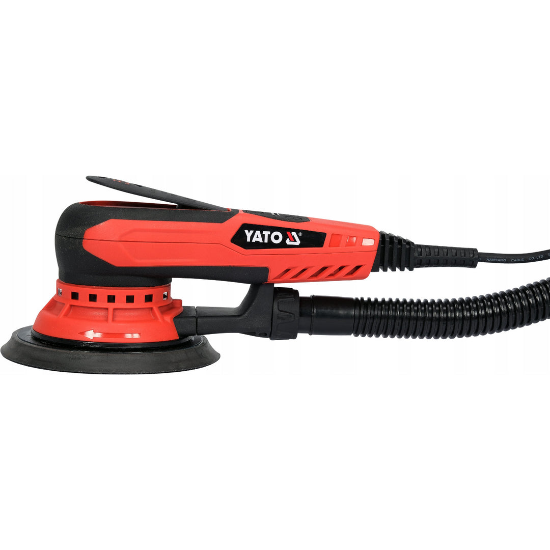 Excentrická bruska Yato, 150 mm, výkon 350 W, otáčky 4000–10 000 ot./min., délka kabelu 3 m, možnost připojení vysavače, YT-82206
