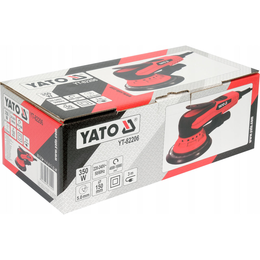 Excentrická bruska Yato, 150 mm, výkon 350 W, otáčky 4000–10 000 ot./min., délka kabelu 3 m, možnost připojení vysavače, YT-82206