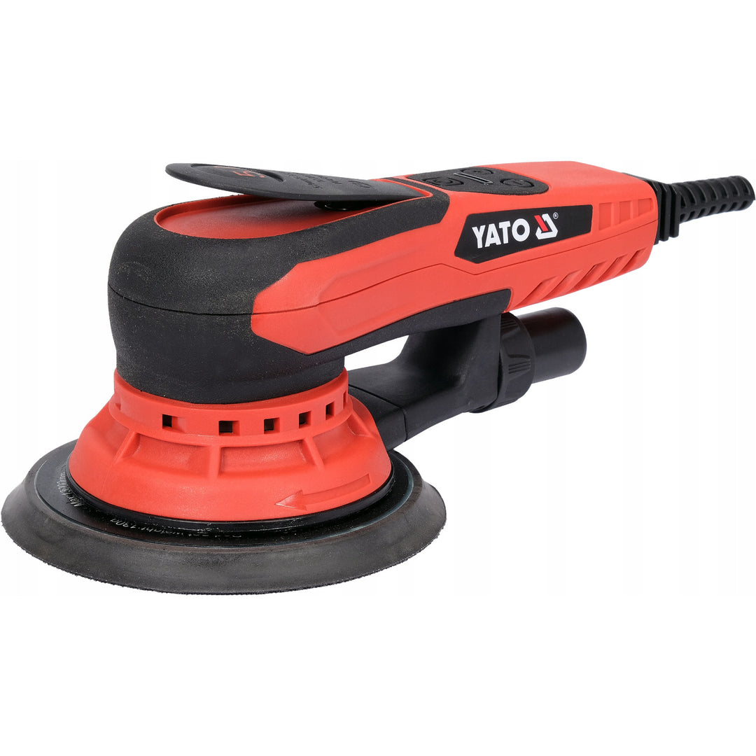 Excentrická bruska Yato, 150 mm, výkon 350 W, otáčky 4000–10 000 ot./min., délka kabelu 3 m, možnost připojení vysavače, YT-82206