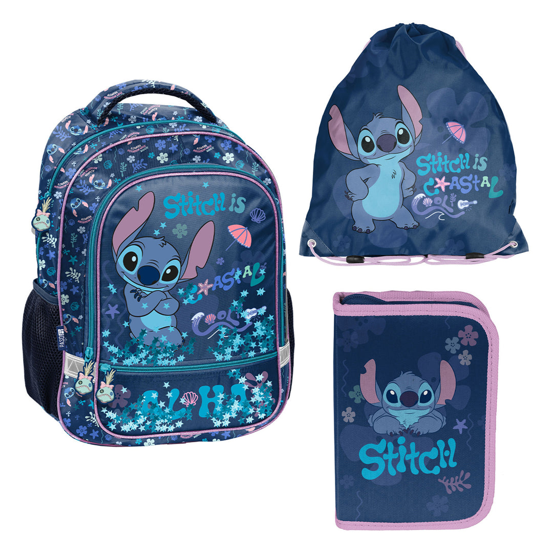 Školní sada Stitch Paso, batoh se dvěma přihrádkami, reflexními prvky a vyztuženými zády, penál bez vybavení s úchyty na psací potřeby, taška na boty, kterou lze připevnit na záda, DS26XX