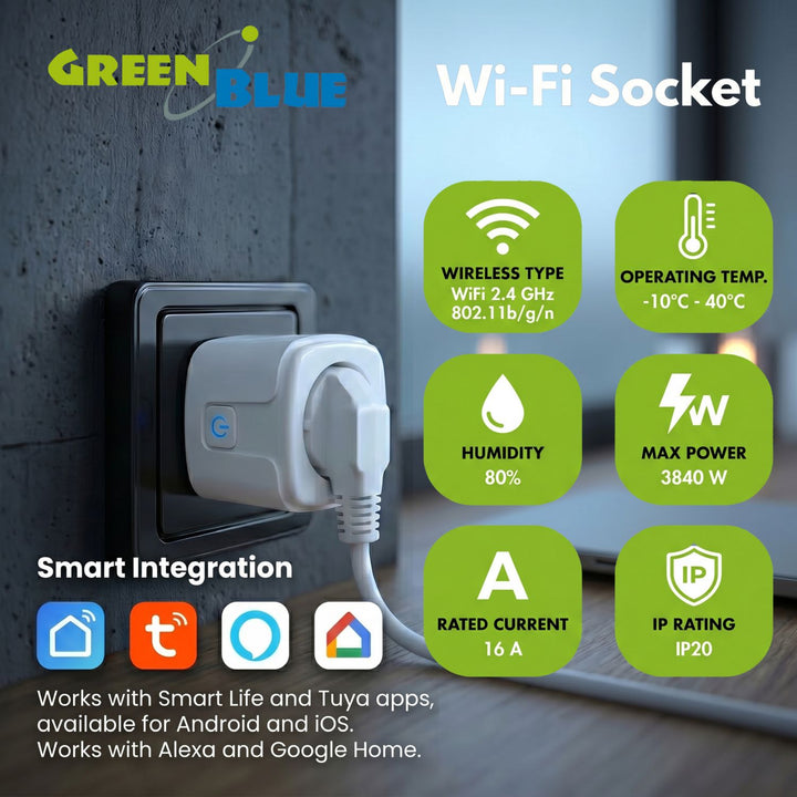 Dálkově ovládaná WiFi zásuvka GreenBlue, Android/iOS/Alexa/Google Home, časovač, měřič spotřeby, max. 16 A/3840 W, GB735 W, 2 ks