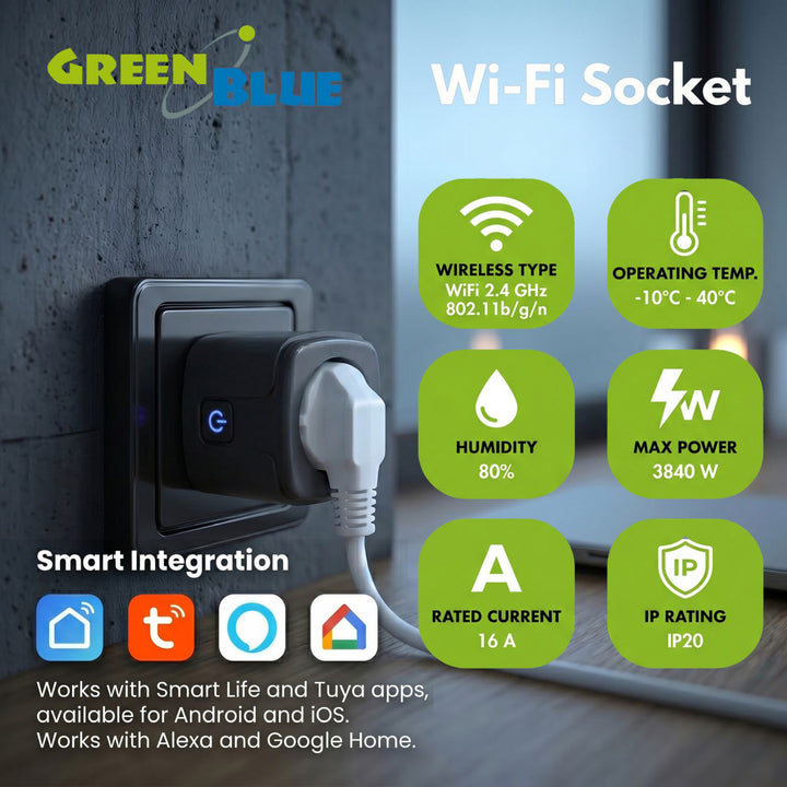 Dálkově ovládaná WiFi zásuvka GreenBlue, Android/iOS/Alexa/Google Home, časovač, wattmetr, max. 16 A/3840 W, GB735 B, 2 ks