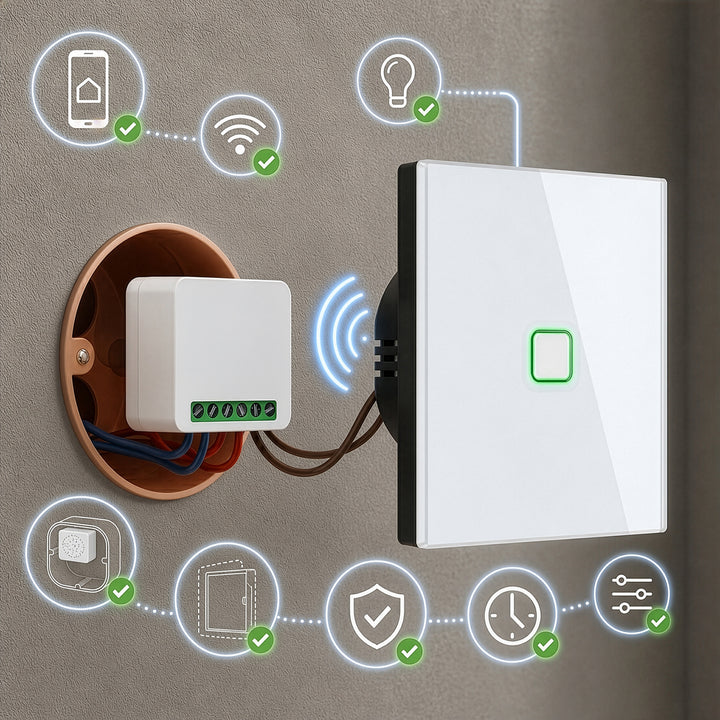 Zapuštěný WiFi relé GreenBlue, Android/iOS/Alexa/Google Home, 100–240 V AC, 50/60 Hz, max. 16 A, pro LED 150 W, GB739, 2 ks