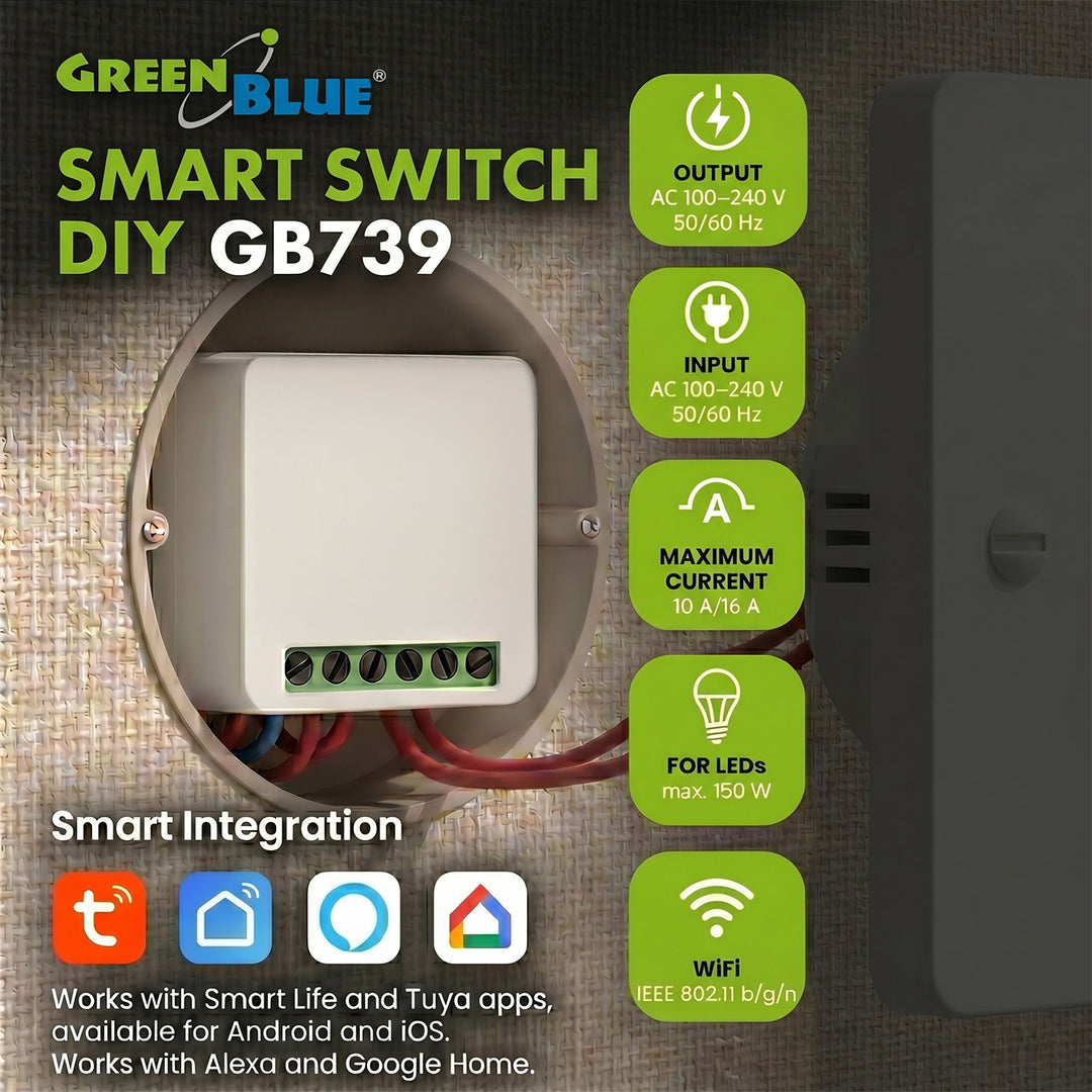Zapuštěný WiFi relé GreenBlue, Android/iOS/Alexa/Google Home, 100–240 V AC, 50/60 Hz, max. 16 A, pro LED 150 W, GB739, 2 ks