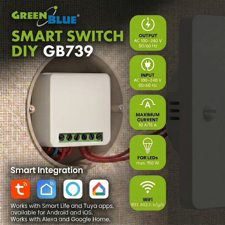 Zapuštěný WiFi relé GreenBlue, Android/iOS/Alexa/Google Home, 100–240 V AC, 50/60 Hz, max. 16 A, pro LED 150 W, GB739, 2 ks