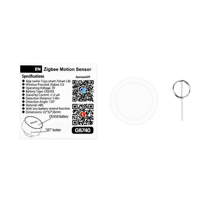 Bezdrátový pohybový senzor Zigbee Tuya GreenBlue, Android/iOS, CR2450 DC 3,0 V, úhel detekce 120° / do 8 m, GB740, 2 ks
