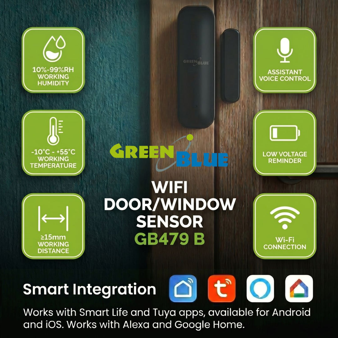 Bezdrátový kontakt / WiFi snímač otevření GreenBlue, Android/iOS, pro dveře / okna, 3,0 V DC, LR03x2, GB479 B, 2 sady