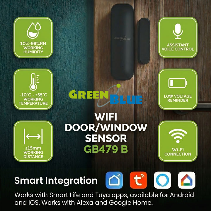 Bezdrátový kontakt / WiFi snímač otevření GreenBlue, Android/iOS, pro dveře / okna, 3,0 V DC, LR03x2, GB479 B, 2 sady