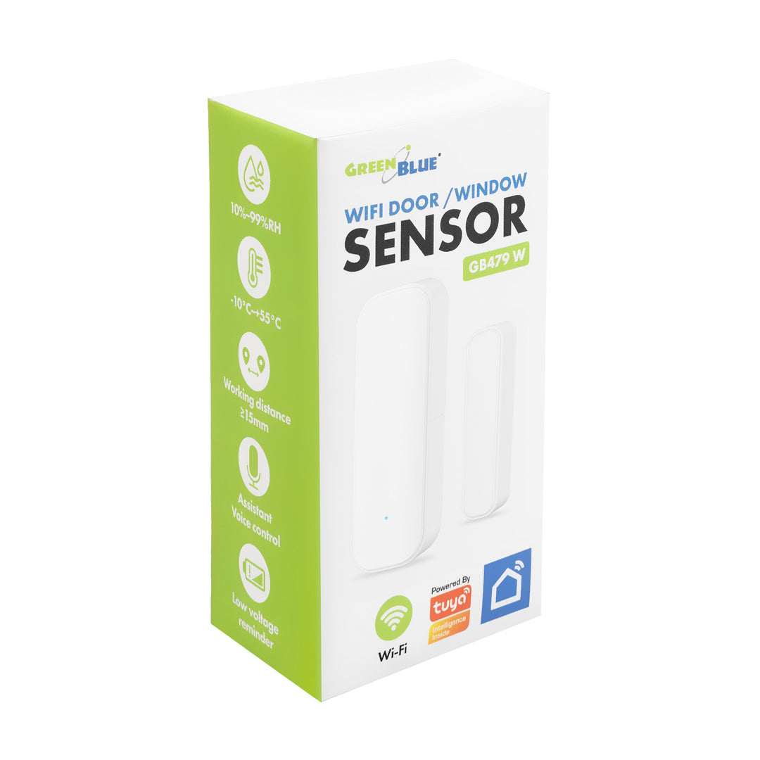 Bezdrátový kontakt / WiFi snímač otevření GreenBlue, Android/iOS, pro dveře / okna, 3,0 V DC, LR03x2, GB479 W, 2 sady