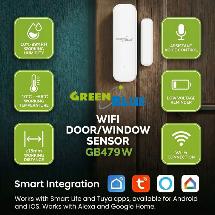Bezdrátový kontakt / WiFi snímač otevření GreenBlue, Android/iOS, pro dveře / okna, 3,0 V DC, LR03x2, GB479 W, 2 sady