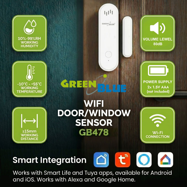 Bezdrátový kontakt / WiFi snímač otevření GreenBlue, Android/iOS, pro dveře / okna, 3,0 V DC, LR03x2, s alarmem, GB478, 2 sady