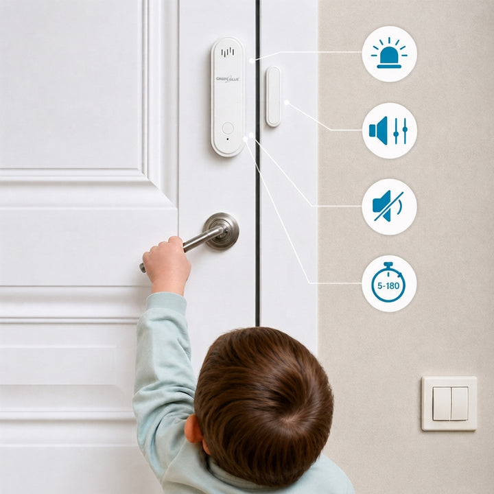 Bezdrátový kontakt / WiFi snímač otevření GreenBlue, Android/iOS, pro dveře / okna, 3,0 V DC, LR03x2, s alarmem, GB478, 2 sady