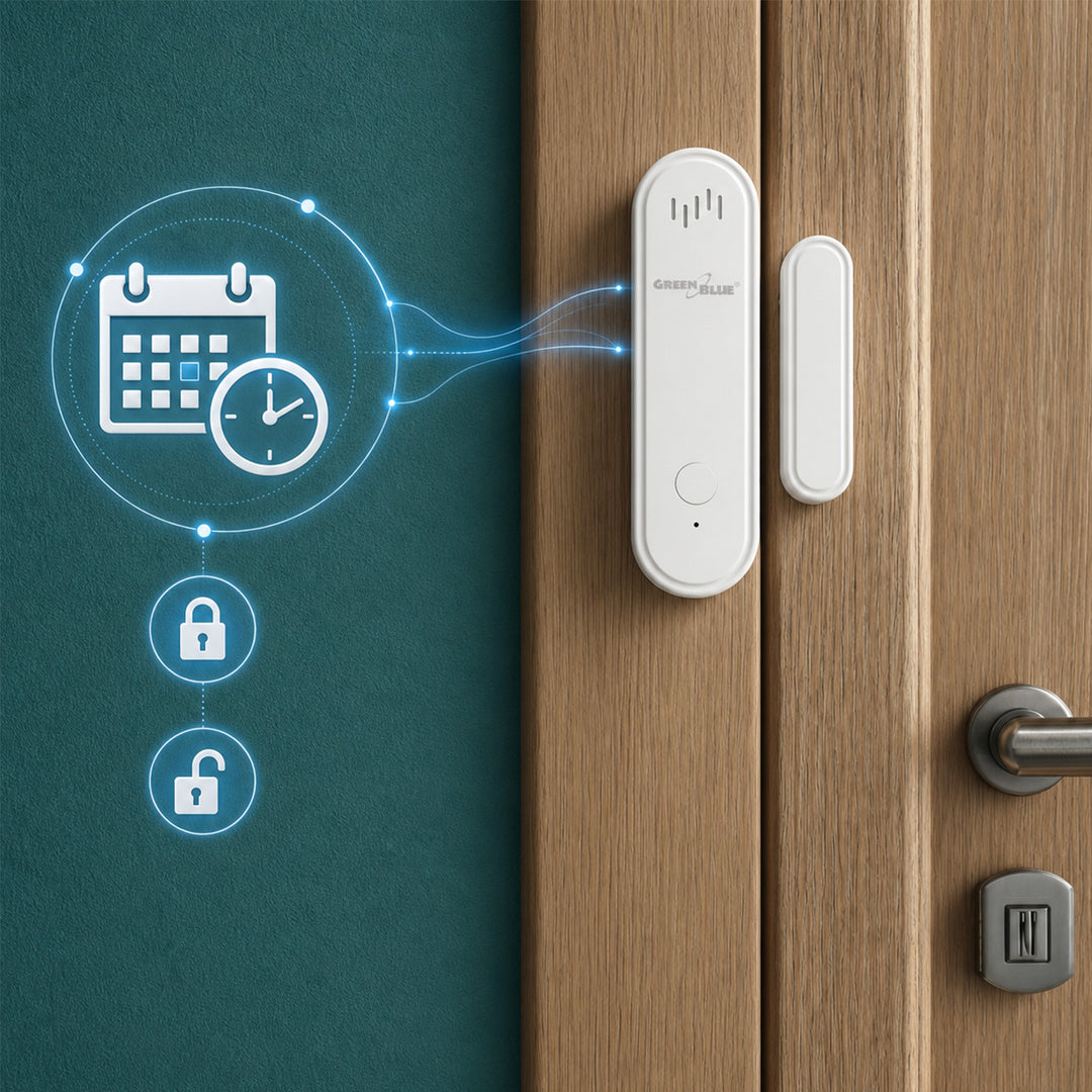 Bezdrátový kontakt / WiFi snímač otevření GreenBlue, Android/iOS, pro dveře / okna, 3,0 V DC, LR03x2, s alarmem, GB478, 2 sady