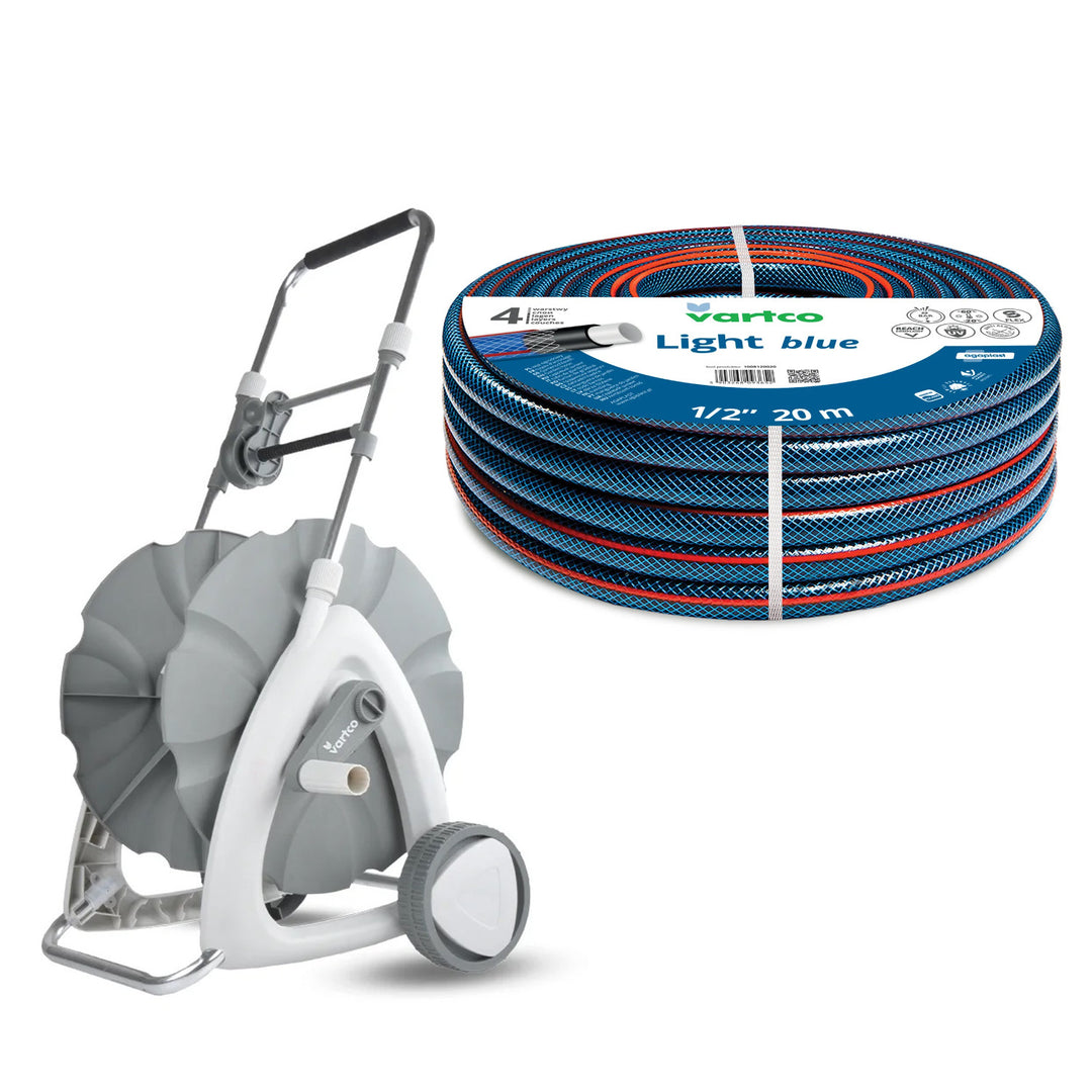 Vozík na zahradní hadici 1/2" 45 m + zahradní hadice Vartco Light Blue 1/2" 20 m Agaplast