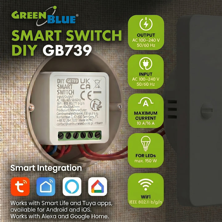 Zapuštěný WiFi relé GreenBlue, Android/iOS/Alexa/Google Home, 100–240 V AC, 50/60 Hz, max. 16 A, pro LED 150 W, GB739, 3 kusy