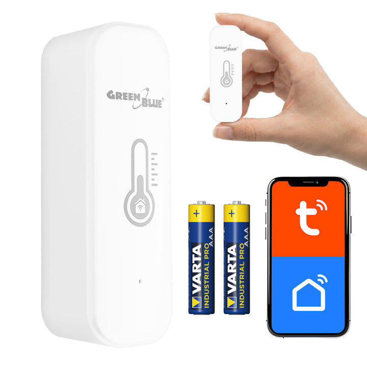 Senzor teploty a vlhkosti WiFi GreenBlue, Android/iOS/Alexa/Google Home, 3,0 V DC, LR03x2, GB737 + 2x baterie R-03 LR03 AAA alkalická Varta Industrial 4003