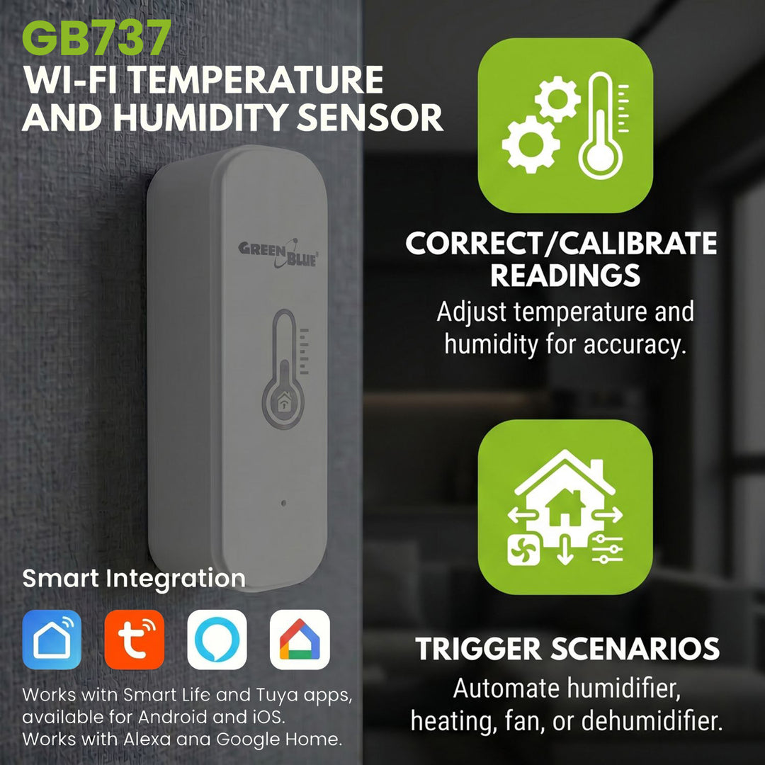 Senzor teploty a vlhkosti WiFi GreenBlue, Android/iOS/Alexa/Google Home, 3,0 V DC, LR03x2, GB737, 2 ks + 4x alkalická baterie AAA Varta Industrial 4003