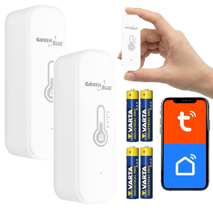 Senzor teploty a vlhkosti WiFi GreenBlue, Android/iOS/Alexa/Google Home, 3,0 V DC, LR03x2, GB737, 2 ks + 4x alkalická baterie AAA Varta Industrial 4003
