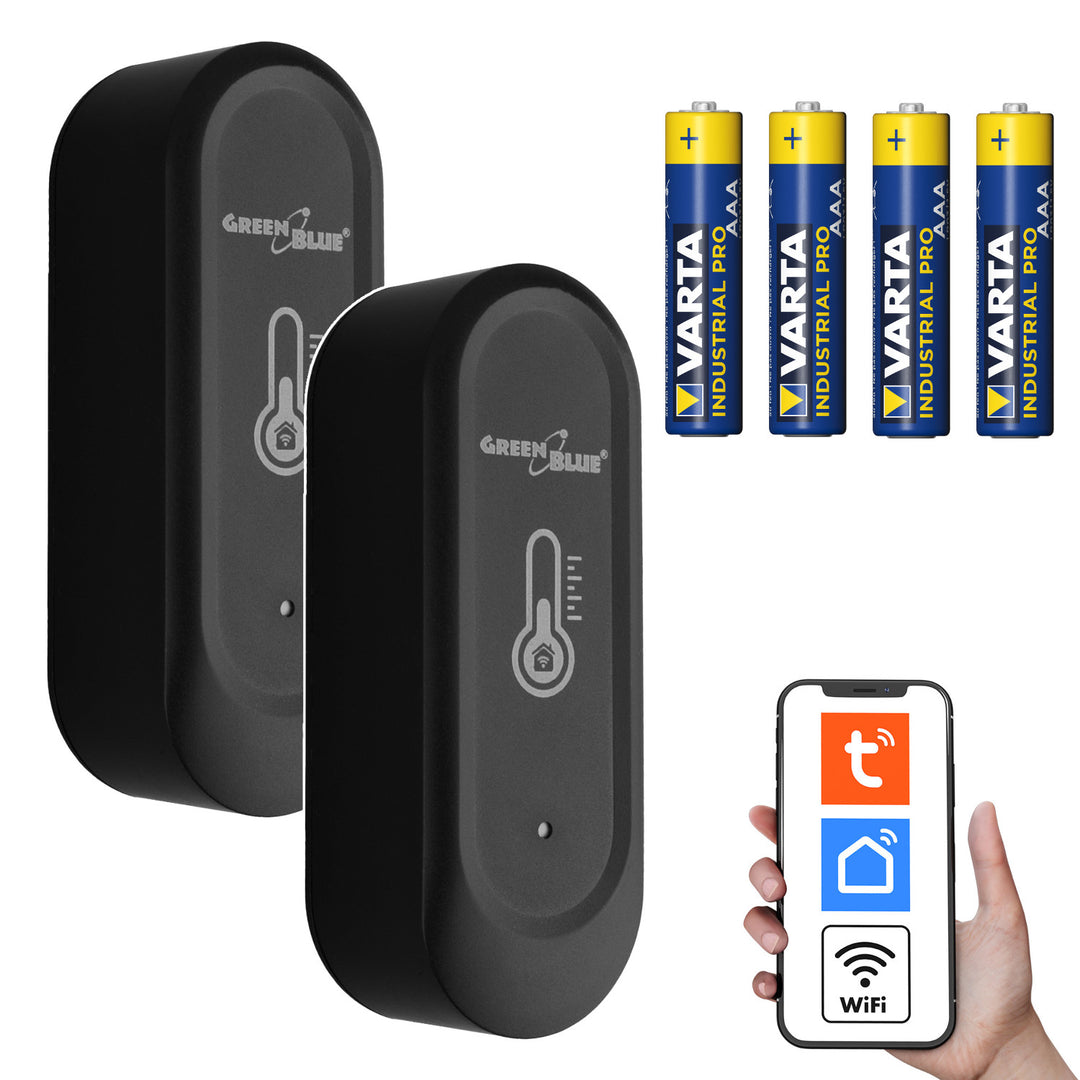 Externí WiFi senzor teploty a vlhkosti GreenBlue, Android/iOS, 3,0 V DC, LR03x2, IP65, GB741, 2 ks + 4x alkalická baterie AAA Varta Industrial 4003