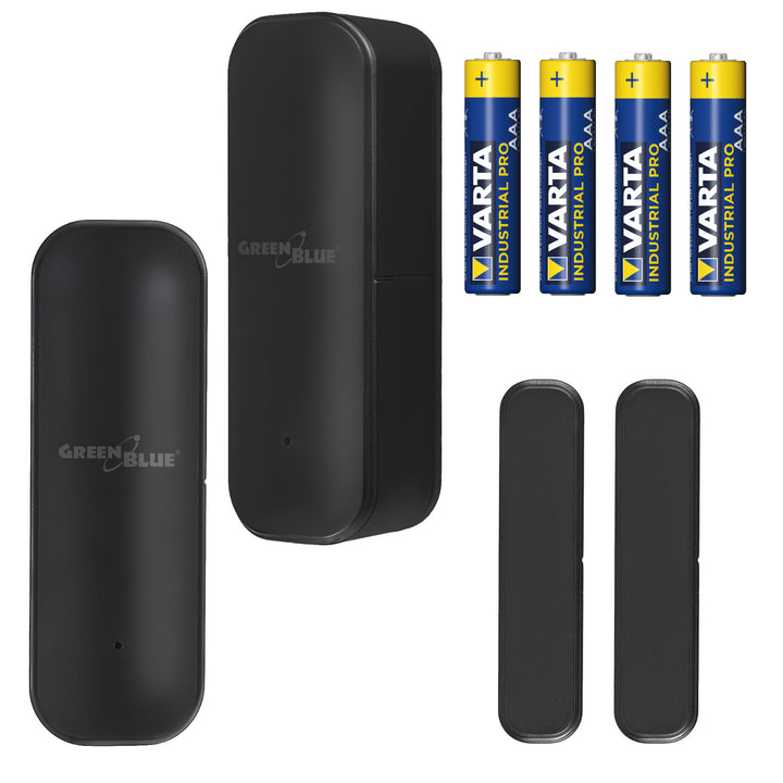 Bezdrátový kontakt / WiFi snímač otevření GreenBlue, Android/iOS, pro dveře / okna, 3,0 V DC, LR03x2, GB479 B, 2 kusy + 4x alkalická baterie AAA Varta Industrial 4003