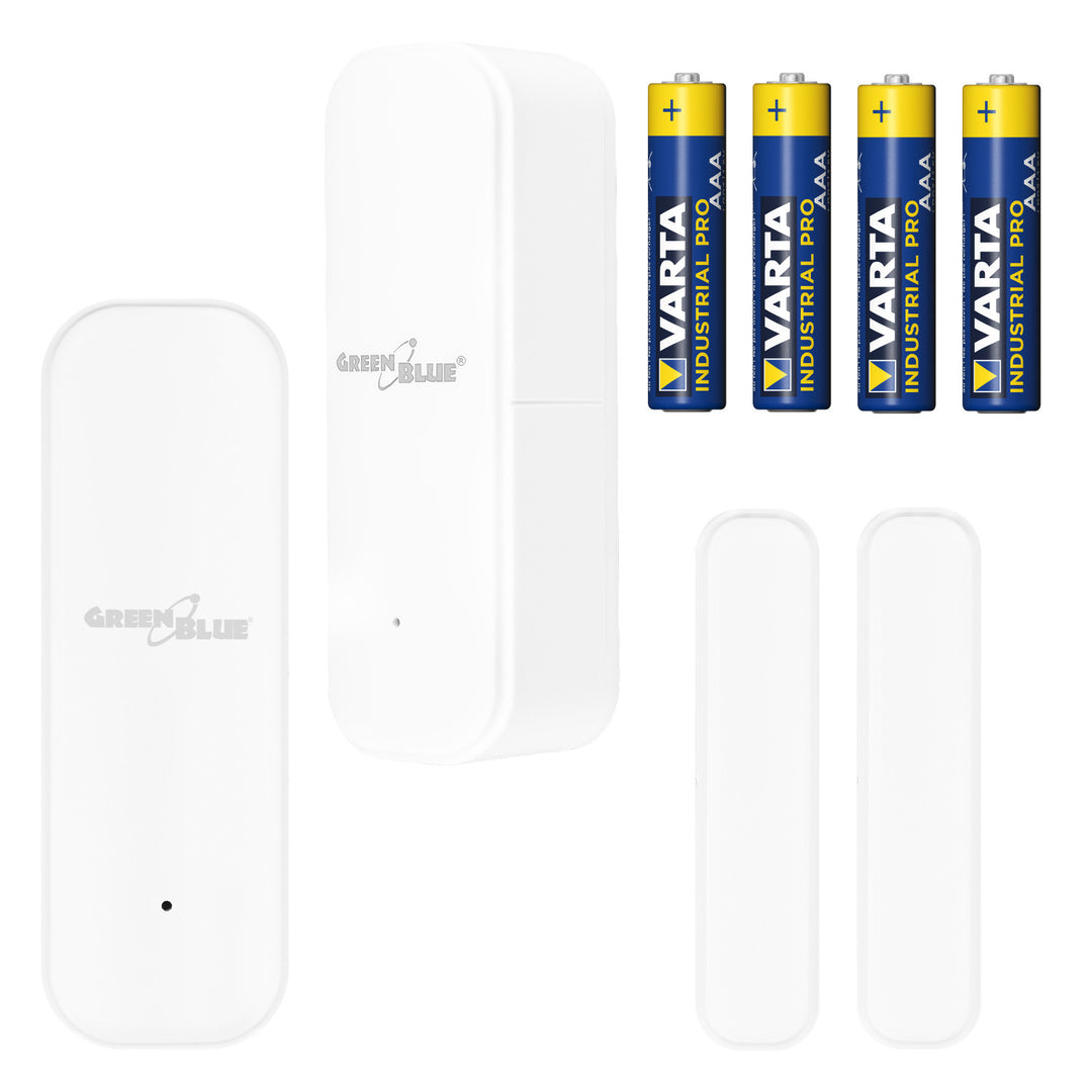 Bezdrátový kontaktní spínač / WiFi snímač otevření GreenBlue, Android/iOS, pro dveře / okna, 3,0 V DC, LR03x2, GB479, 2 ks  + 4x alkalická baterie AAA Varta Industrial 4003