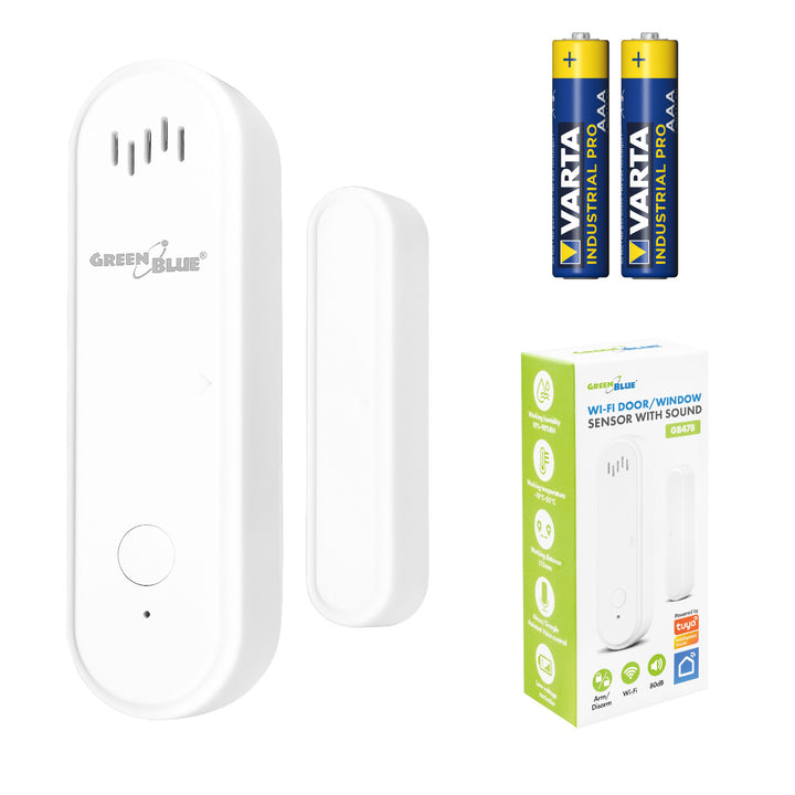 Bezdrátový kontakt / WiFi senzor otevření GreenBlue, Android/iOS, pro dveře / okna, 3,0 V DC, LR03x2, s alarmem, GB478 + 2x baterie R-03 LR03 AAA alkalická Varta Industrial 4003