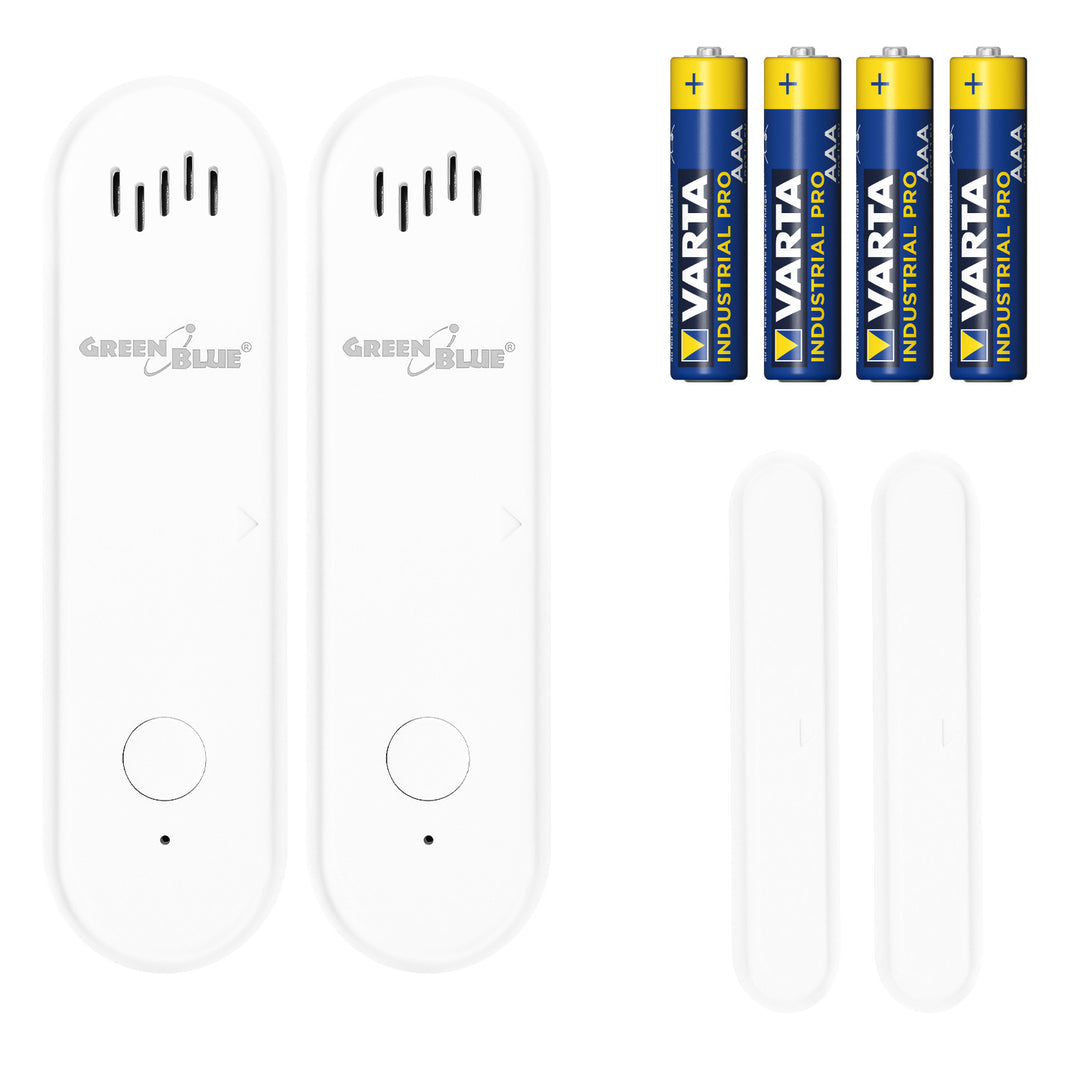 Bezdrátový kontakt / WiFi snímač otevření GreenBlue, Android/iOS, pro dveře / okna, 3,0 V DC, LR03x2, s alarmem, GB478 2 ks + 4x alkalická baterie AAA Varta Industrial 4003