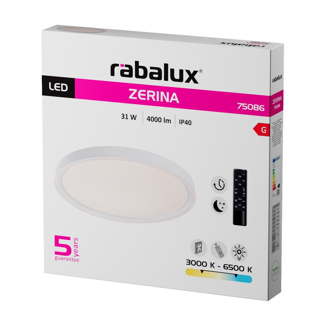 Stropní svítidlo Rabalux Zerina, 31 W, IP40, bílé, 3000–6500 K, funkce paměti, s dálkovým ovládáním, funkce časovače, efekt nočního světla, 75086