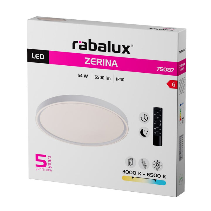 Stropní svítidlo Rabalux Zerina, 54 W, IP40, bílé, 3000–6500 K, funkce paměti, s dálkovým ovládáním, funkce časovače, efekt nočního světla, 75087