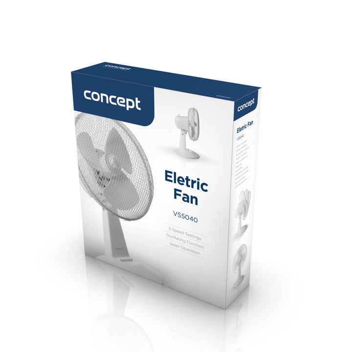 Stolní ventilátor Concept, bílá barva, 3 rychlosti, oscilace, tichý chod, nastavitelný sklon, VS5040