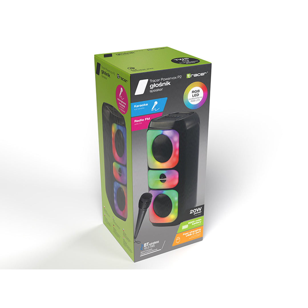Bezdrátový reproduktor Tracer, Bluetooth 5.0, výkon RMS 20 W, režim karaoke, mikrofon, Powervox P2 TWS