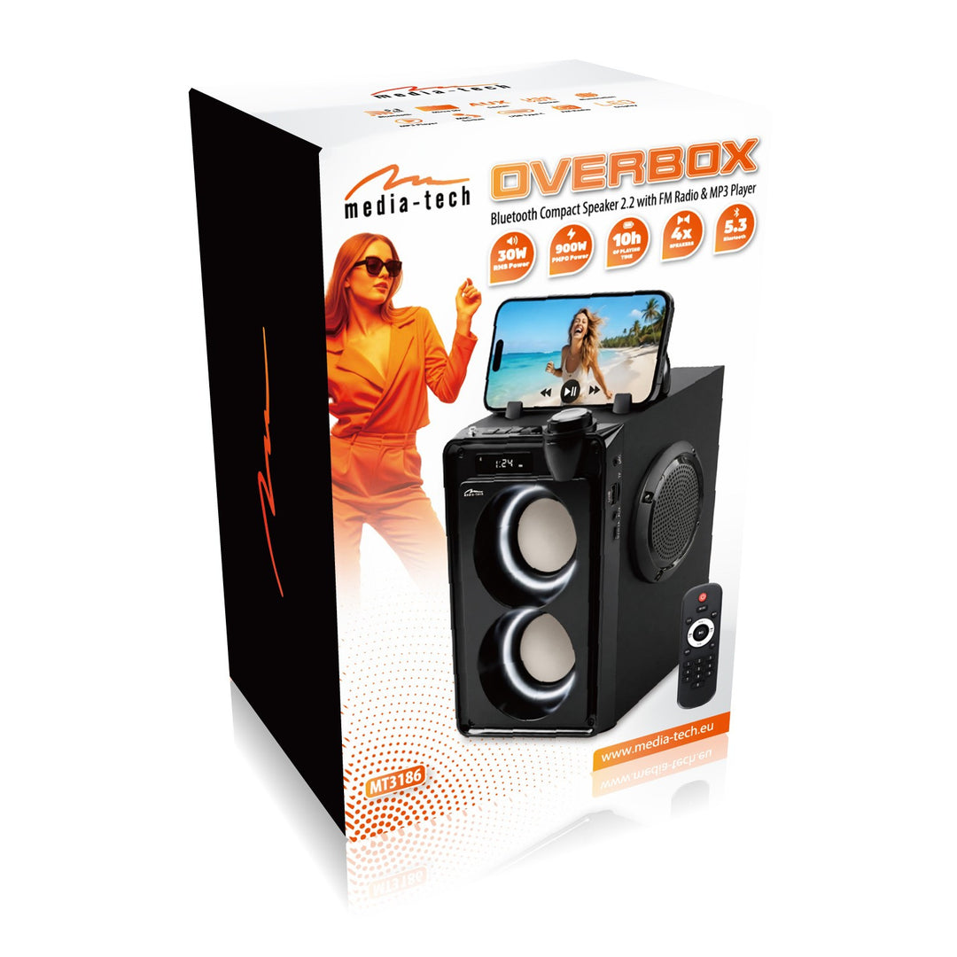 Přenosný Bluetooth reproduktor OVERBOX MT3186, FM rádio, podpora SD karet, USB, výkon RMS 30 W, Mediatech
