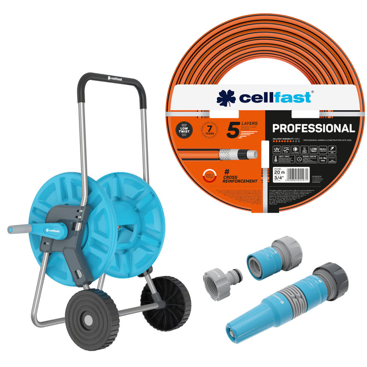 Zahradní hadice Cellfast, PROFESSIONAL 3/4" 20 m + vozík na hadici Cellfast Aluplus 1/2" 60 m + sada s přímým rozstřikovačem 3/4" IDEAL