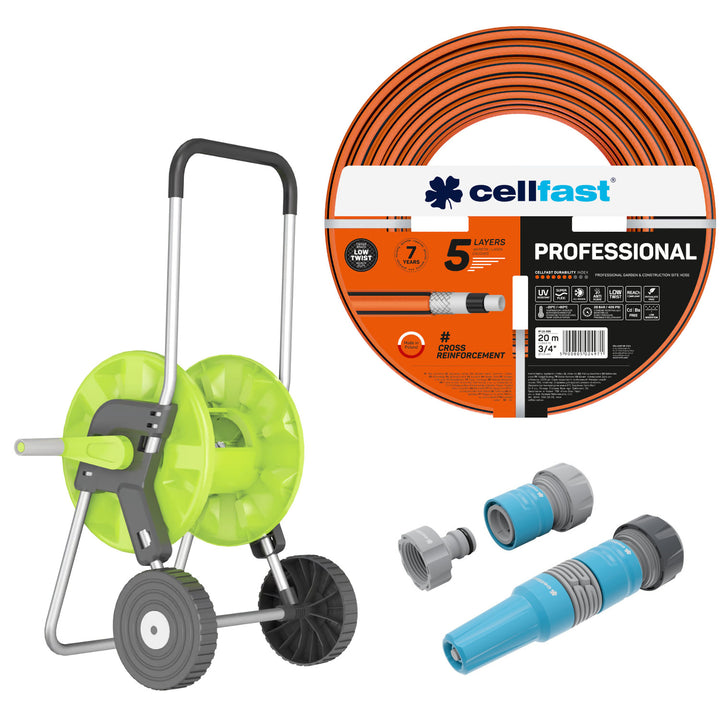Zahradní hadice Cellfast, PROFESSIONAL 3/4" 20 m + Vozík na hadici Cellfast Economic 1/2" 45 m + Sada s přímým rozstřikovačem 3/4" IDEAL