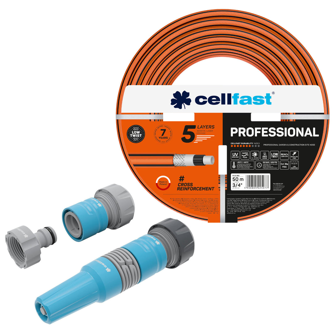 Zahradní hadice Cellfast, PROFESSIONAL 3/4" 50 m + sada s přímým rozstřikovačem 3/4" IDEAL