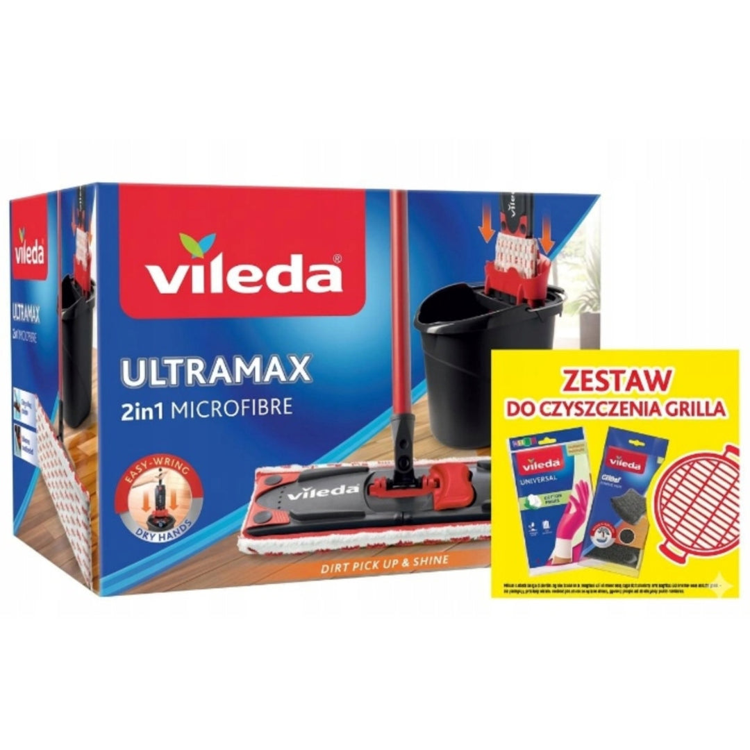 Sada plochého mopu Ultramax + rukavice Universal + houbičky Glitzi (2 ks) Vileda, bezdotykový systém odvodnění, dva druhy vláken, 177453