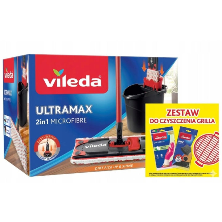 Sada plochého mopu Ultramax + rukavice Universal + houbičky Glitzi (2 ks) Vileda, bezdotykový systém odvodnění, dva druhy vláken, 177453