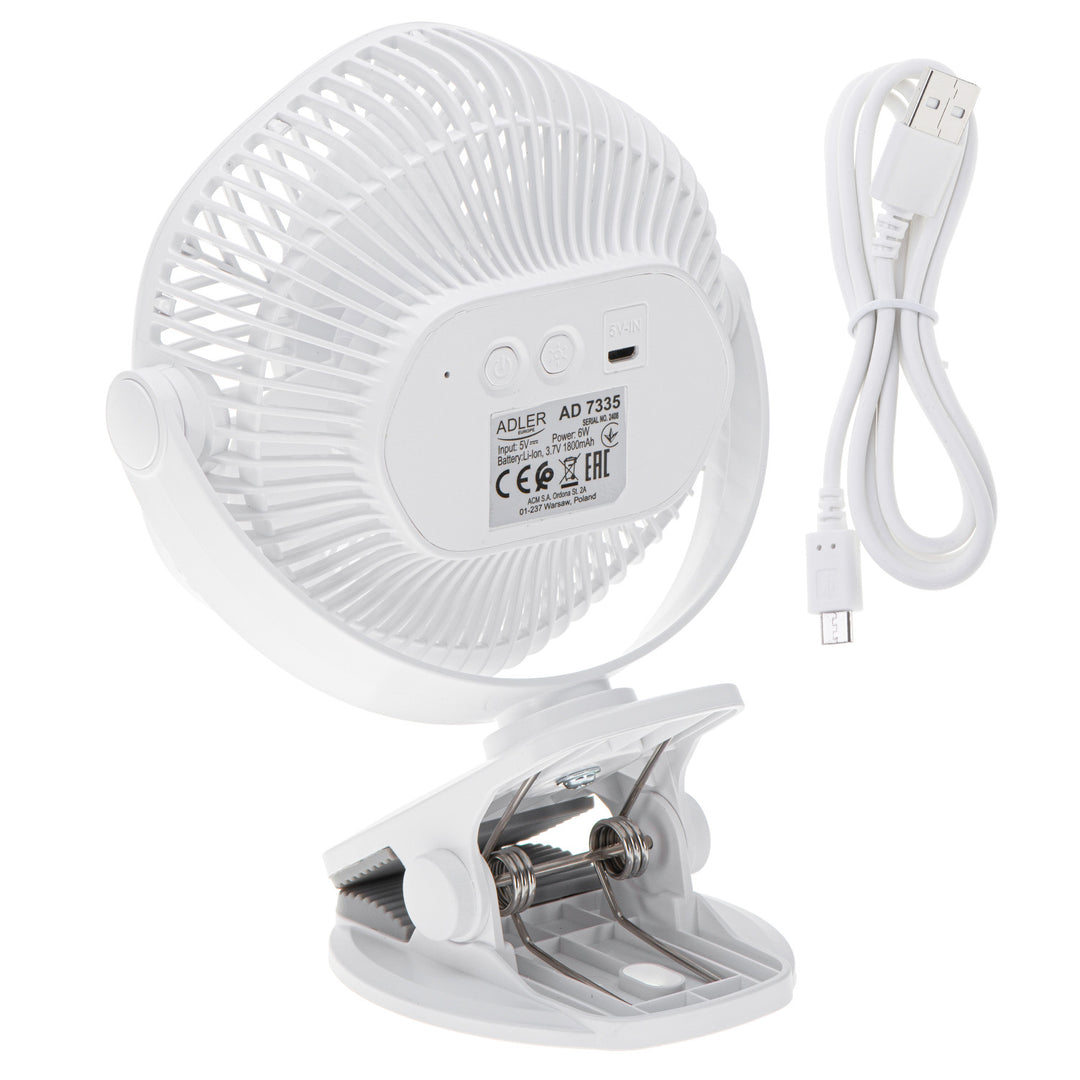 Akumulátorový ventilátor 5"/12,7 cm s klipem – USB / LED, AD 7335, Adler