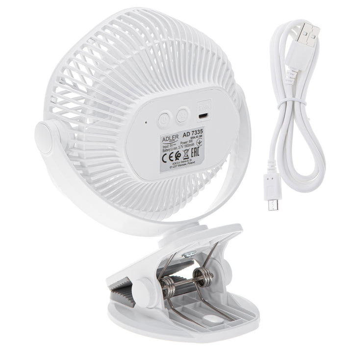 Akumulátorový ventilátor 5"/12,7 cm s klipem – USB / LED, AD 7335, Adler