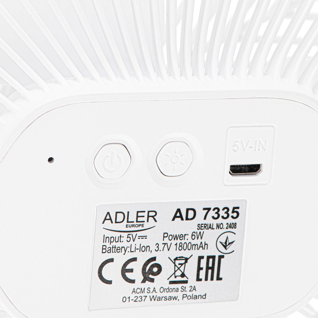 Akumulátorový ventilátor 5"/12,7 cm s klipem – USB / LED, AD 7335, Adler