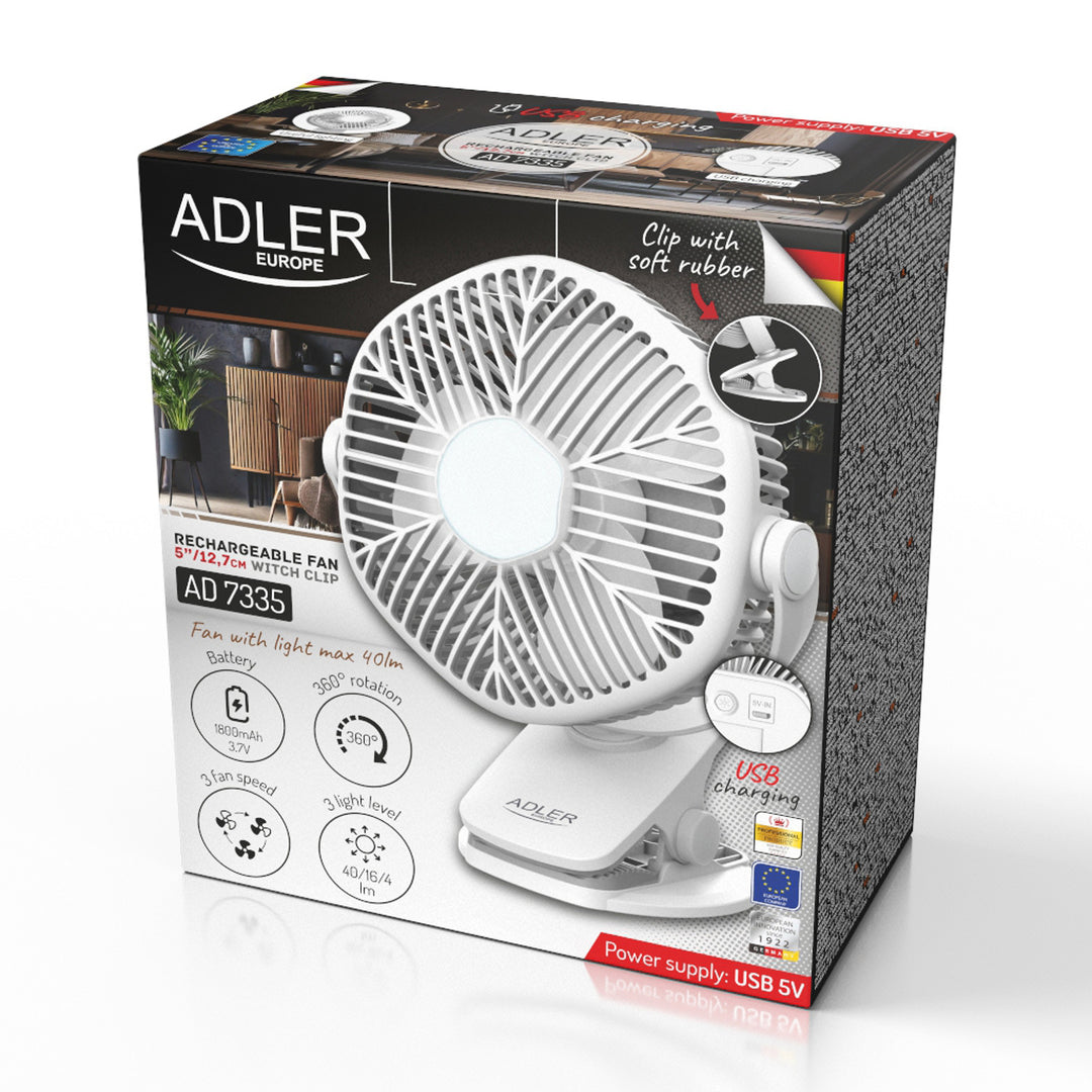 Akumulátorový ventilátor 5"/12,7 cm s klipem – USB / LED, AD 7335, Adler